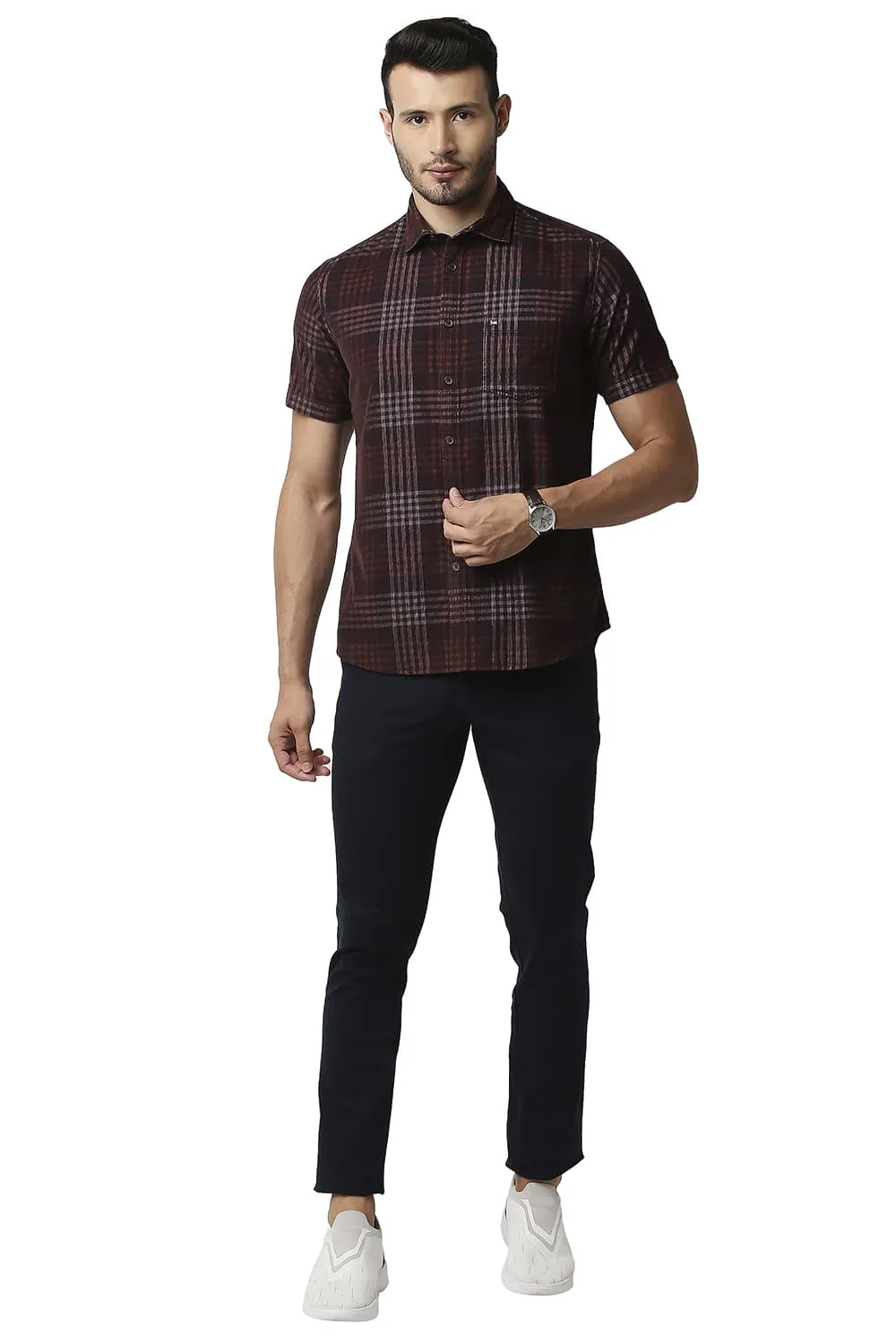 Slim Fit Corduroy Checks Halfsleeves Shirt