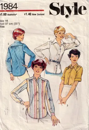 Style 1984 Womens Classic Shirts 1970s Vintage Sewing Pattern Size 16 Bust 38 Inches