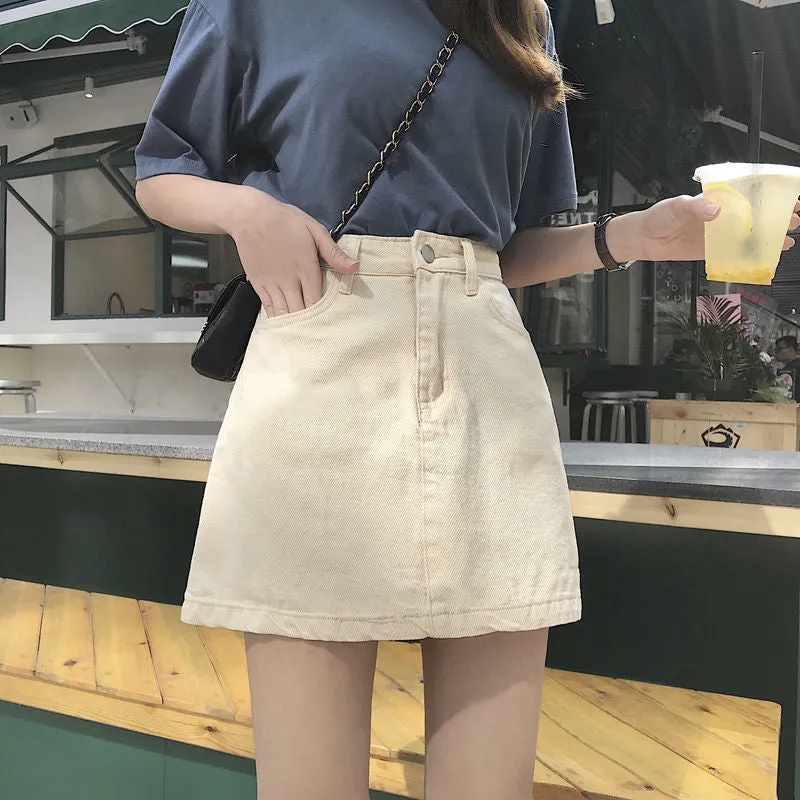 Summer Korean Trendy Vintage High Waist Black Denim Short Women All-Matching Slim Look Hip Flattering A-Line Skirt