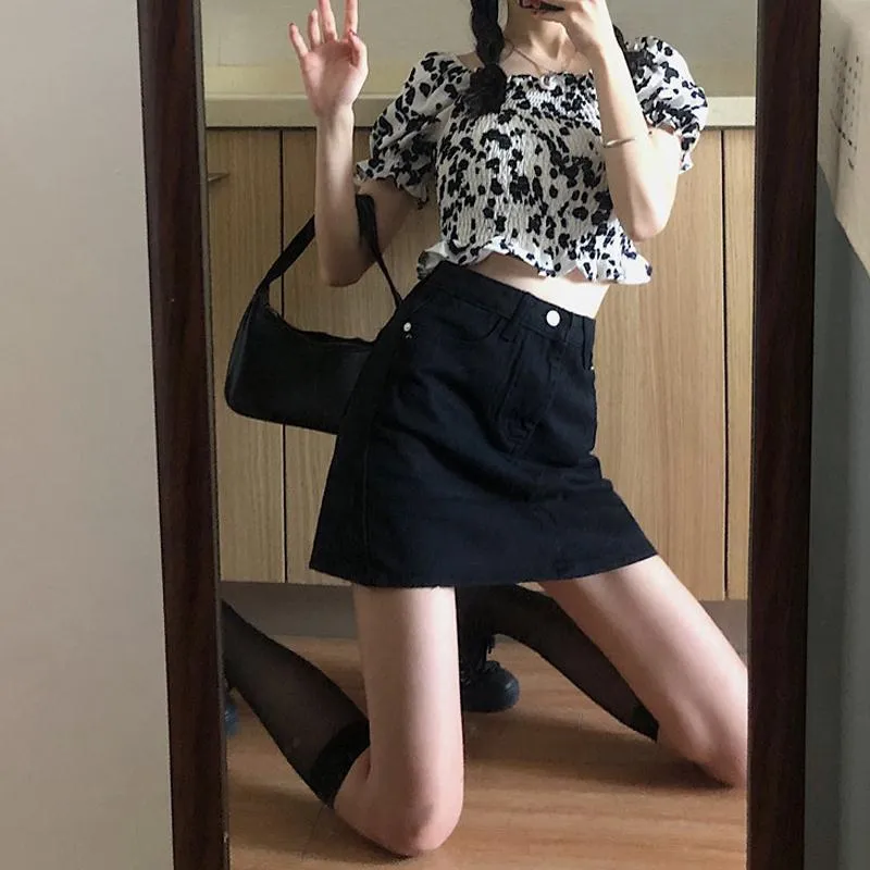 Summer Korean Trendy Vintage High Waist Black Denim Short Women All-Matching Slim Look Hip Flattering A-Line Skirt