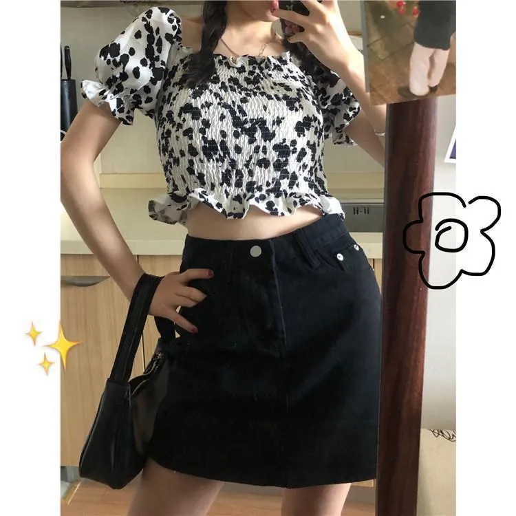 Summer Korean Trendy Vintage High Waist Black Denim Short Women All-Matching Slim Look Hip Flattering A-Line Skirt