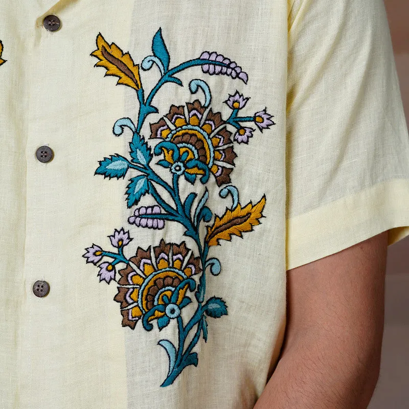 Unisex Linen Shirt | Hand Embroidered | Cream