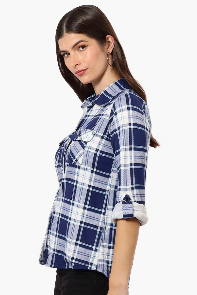 Urbanology Plaid Roll Up Sleeve Button Up Shirt - Blue