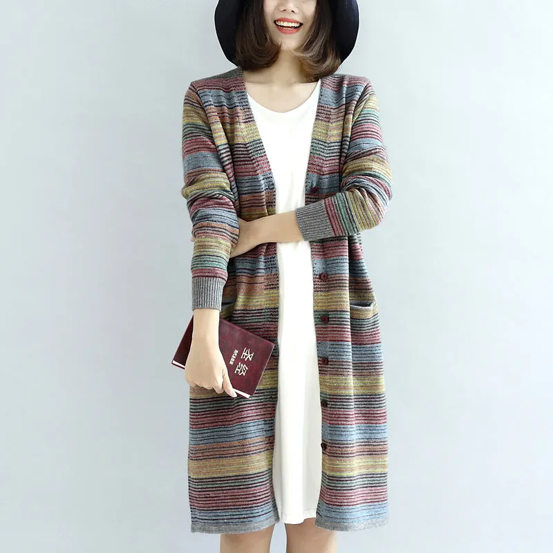 Warm casual knit outwear rainbow baggy loose long sleeve mid sweater cardigans