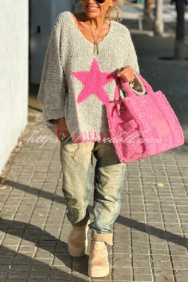 Warm Winter Day Texture Knit Star Pattern Contrast Color Loose Sweater