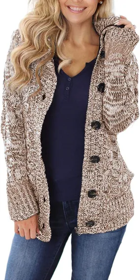 Womens Hooded Cardigans Casual Long Sleeve Button Up Knit Sweater Coat