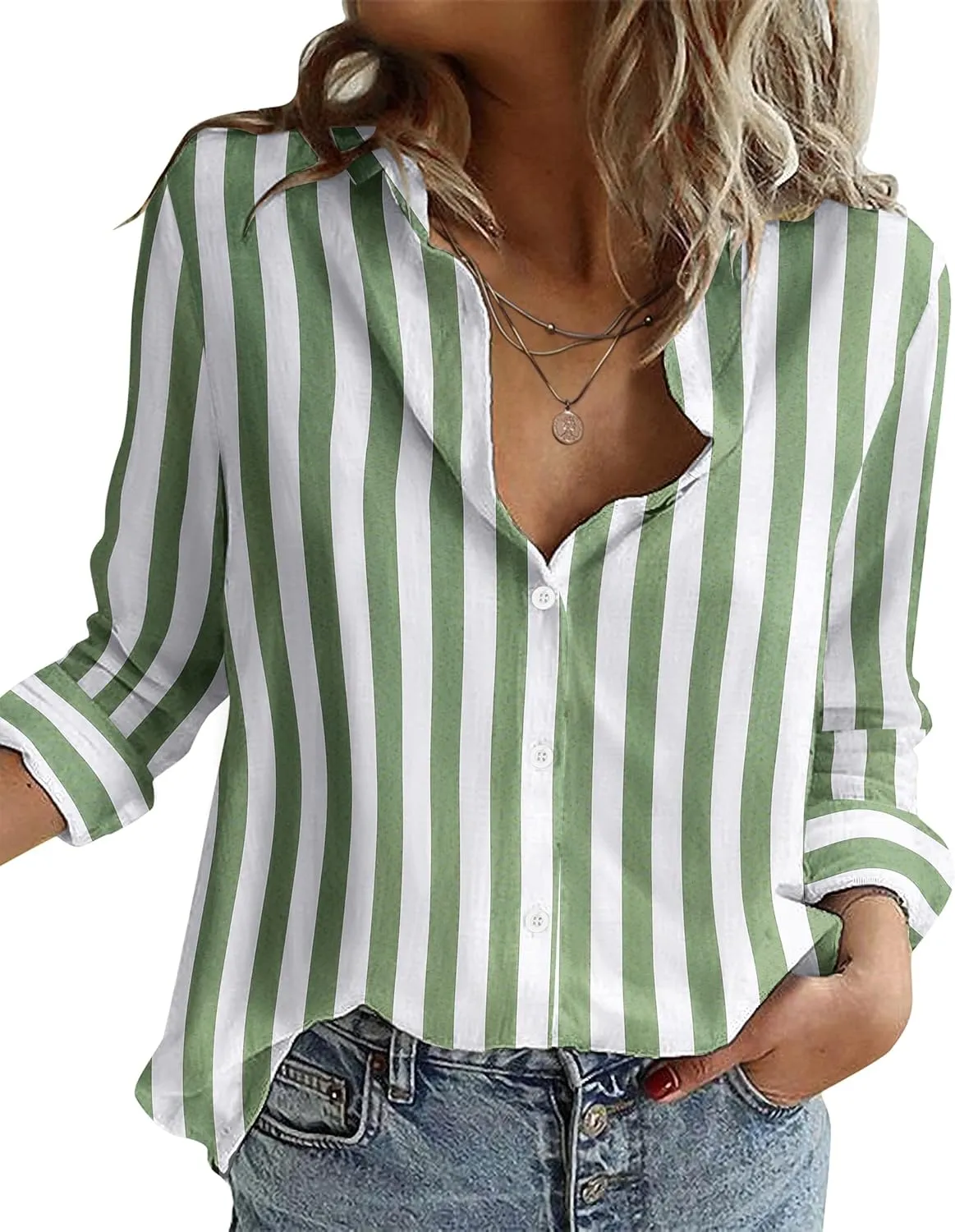 Zeagoo Button Down Shirts Loose Fit Striped Long Sleeve Fall Blouse