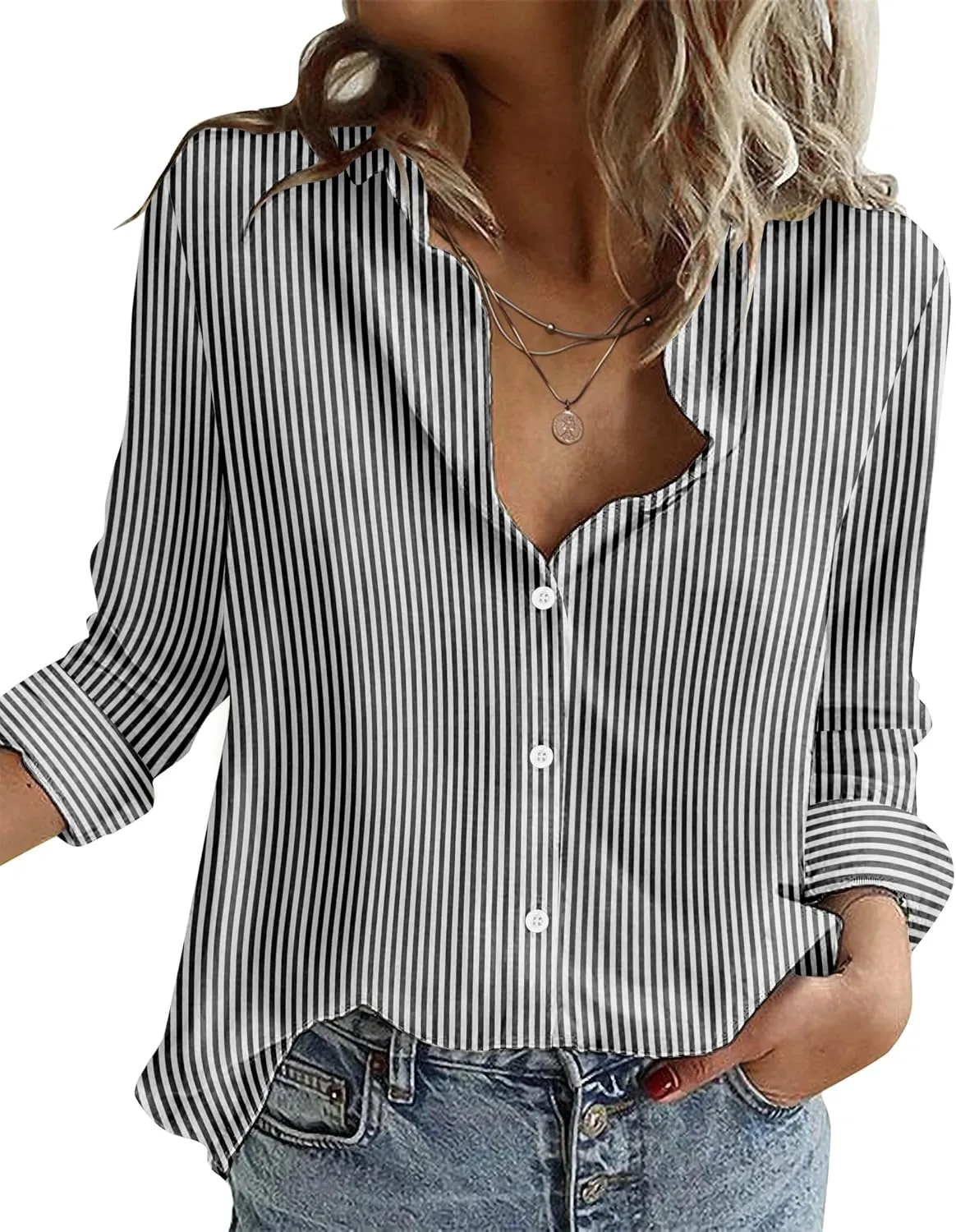 Zeagoo Button Down Shirts Loose Fit Striped Long Sleeve Fall Blouse