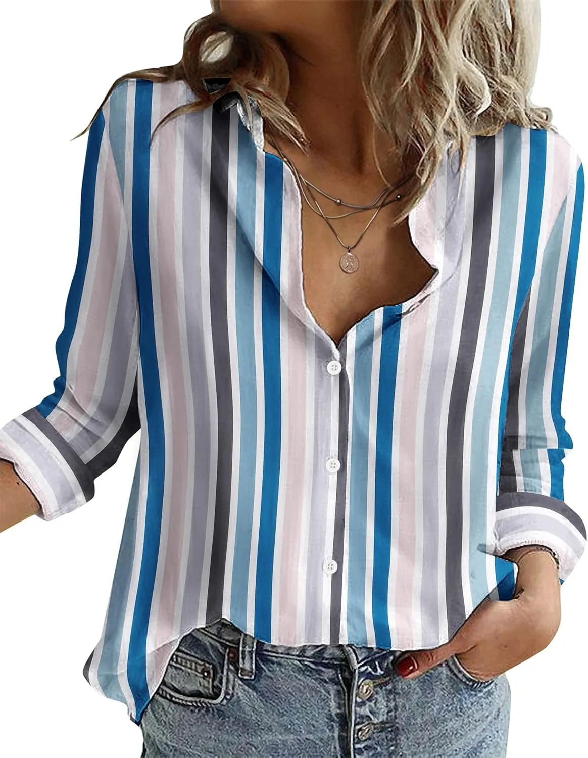 Zeagoo Button Down Shirts Loose Fit Striped Long Sleeve Fall Blouse