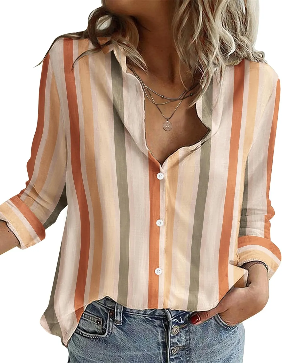 Zeagoo Button Down Shirts Loose Fit Striped Long Sleeve Fall Blouse