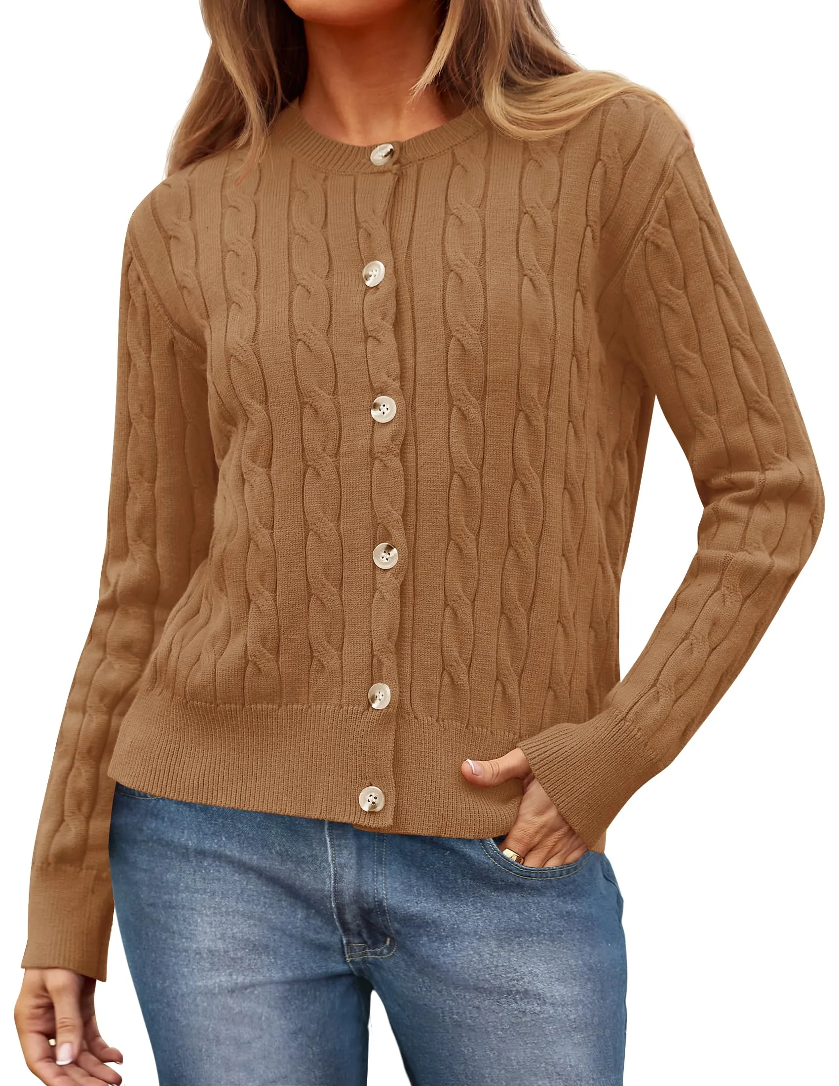 ZESICA Cable Knit Cardigan Button Open Front Outwear